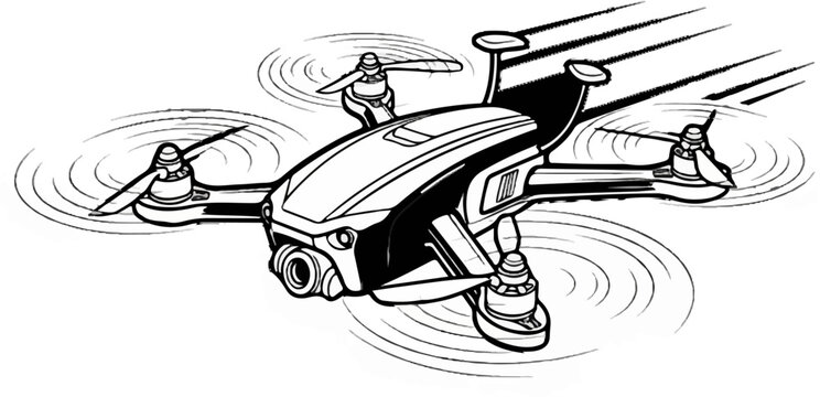 Stylized illustration of a quadcopter drone with camera in flight