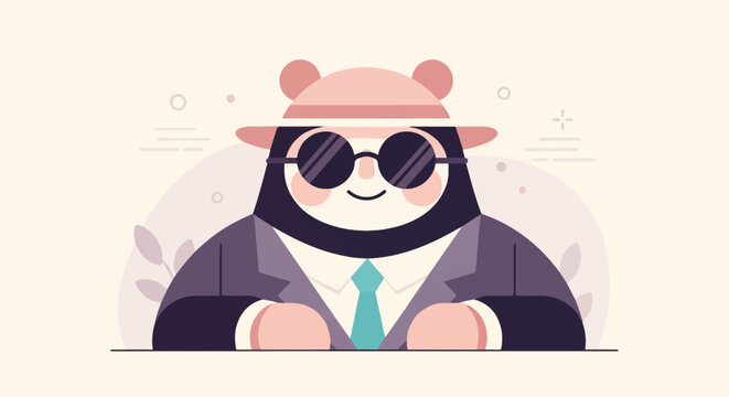 Stylized panda wearing a hat, suit, and sunglasses, seated behind a surface