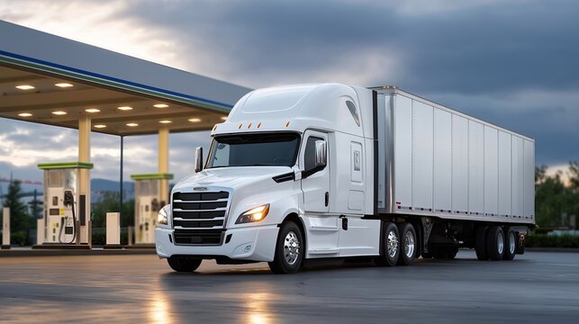Fuel cell electric semi-truck at hydrogen station with cab-over design, long-haul freight decarbonization technology, commercial transportation transformation underway, perfect for logistics