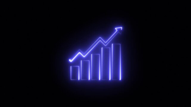 Neon business graph chart on black background, finance bright neon business graph arrow chart animation icon.
