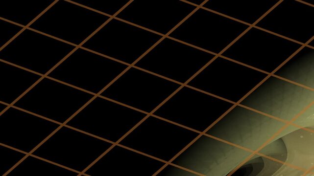 Abstract image with a fluid, organic form, grid overlay, dots, and a dark gradient background