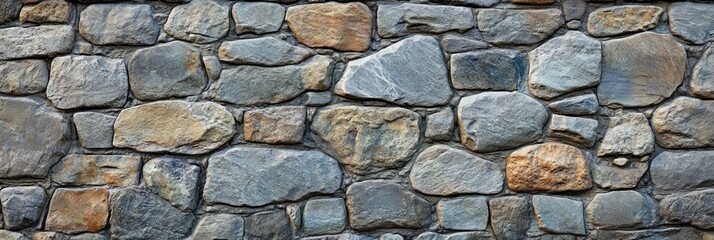 Fototapeta premium weathered stone wall of irregular blue-gray and tan rocks set in mortar with rough textured surface conveying a sturdy rustic timeless feel