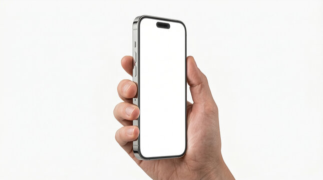 Close-up of a hand holding a sleek silver smartphone with a blank white screen for mockup purposes on a plain white background for technology and mobile advertising