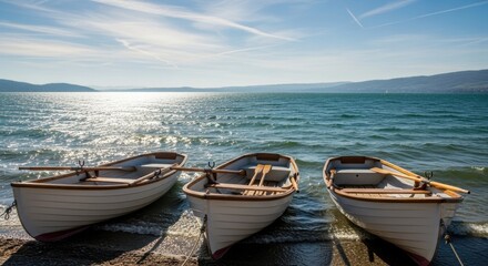 Obraz premium Three rowboats resting on the shore of a tranquil lake.