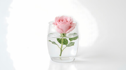 Single Pink Rose Submerged In A Clear Glass Of Water On A White Background Minimalist Floral Concept
