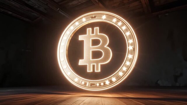 Large glowing Bitcoin symbol illuminated in a dark industrial room. Futuristic cryptocurrency concept with bright digital coin logo representing blockchain technology.