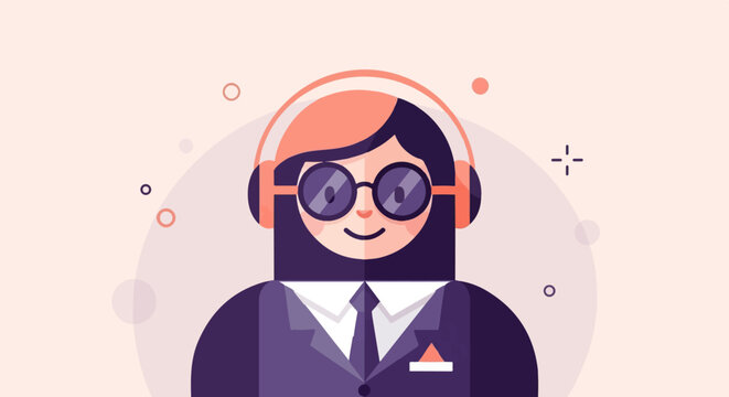 Stylized flat illustration of a person wearing headphones and suit