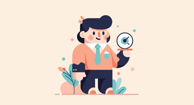 Stylized person in business attire presents a clock on a tray