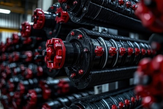close-up of glossy black industrial rollers with red end caps and bolts in repeating rows conveying mechanical precision and heavy-duty intensity