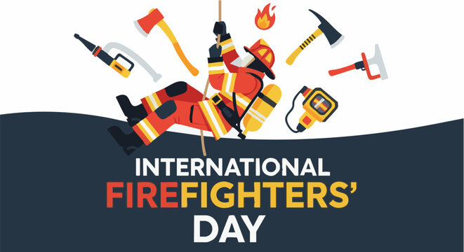 Firefighter equipment and tools on International Firefighters Day in bold colorful illustration for emergency services