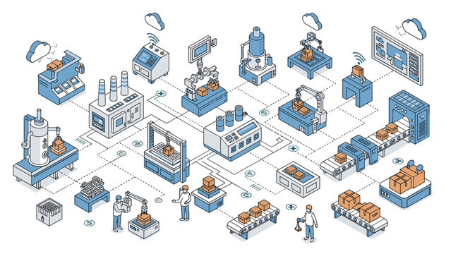 Complex isometric automated factory floor showing robotic arms, conveyor belts, and smart logistics systems managed through cloud technology.