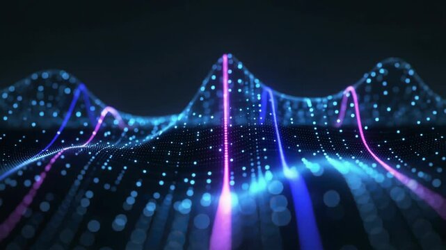 Abstract futuristic digital landscape with glowing blue and purple neon particles forming a dynamic mountain wave pattern, concept for big data visualization, AI and cyber security