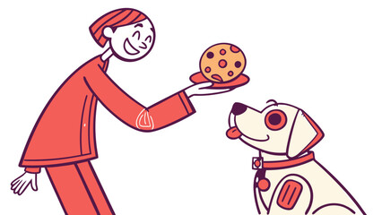 Fototapeta premium Woman in Red Jumpsuit Offering a Cookie to a White Dog, Illustration with a red and orange color scheme showing a smiling woman in a jumpsuit and cap holding a plate with a chocolate chip cookie 