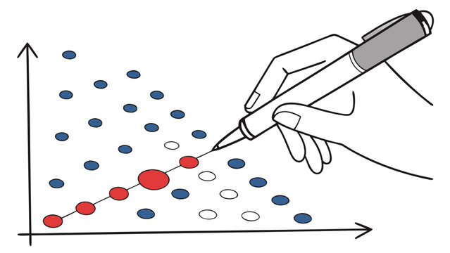 Data Trend Analysis: Hand Drawing a Regression Line on a Scatter Plot, Illustration-style close-up of a hand with a pen drawing a regression line through a series of red dots on a statistical scatter 