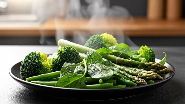 Steaming Hot Vegetables on Black Plate.