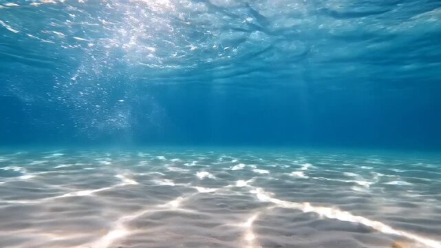 Underwater Ocean Scene with Sandy Bottom and Sun Rays.