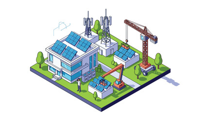 Fototapeta premium Sustainable modern house under construction features solar panels on the roof and telecommunication towers in an isometric view.