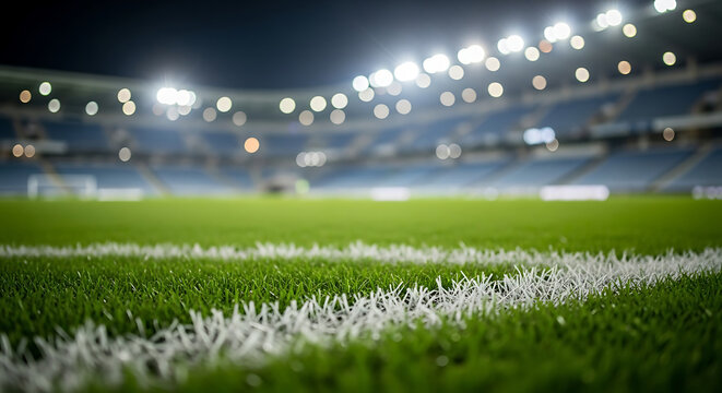 Soccer field with white line and stadium lights at night, empty football stadium with green grass