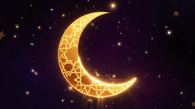 Golden crescent moon with traditional intricate patterns glows against a deep dark background filled with twinkling starlight.