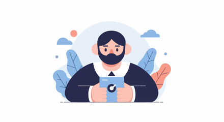 Fototapeta premium Stylized man with beard holding a digital device amidst abstract foliage and sky