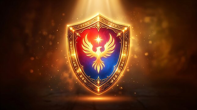 Majestic heraldic shield with phoenix emblem and celestial motifs