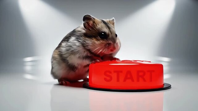 Dreamy hamster about to press a big red start button with its tiny paws, adorable and funny