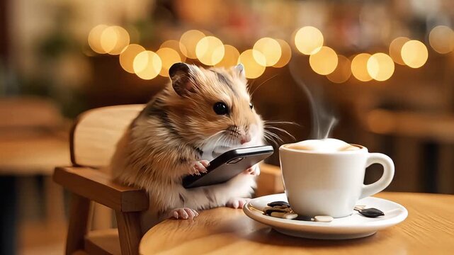 A cute, dreamy hamster holding a smartphone while enjoying a hot beverage on a cafe table