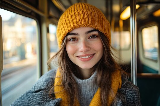 cozy commuter in mustard yellow knit beanie and matching scarf wearing gray coat and cream sweater on a vintage train carriage by a window, warm golden light, contemplative mood