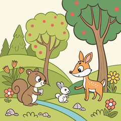 Naklejka premium Cute forest animals in nature vector scene
