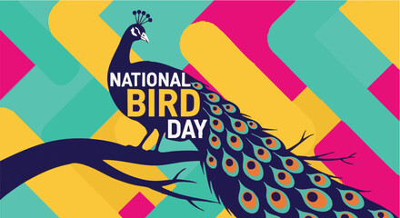 Peacock on branch with colorful geometric background for National Bird Day in vibrant playful lighting for celebration © Any