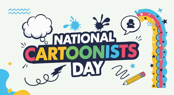 Colorful National Cartoonists Day celebration with cartoon style illustrations in bright playful lighting for greeting card