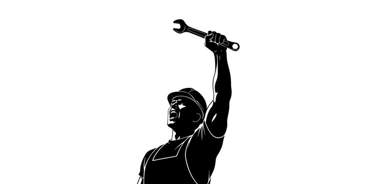 Energetic Graphic Illustration of a Determined Worker Raising a Wrench High in Triumph Symbolizing Protest and Labor Solidarity