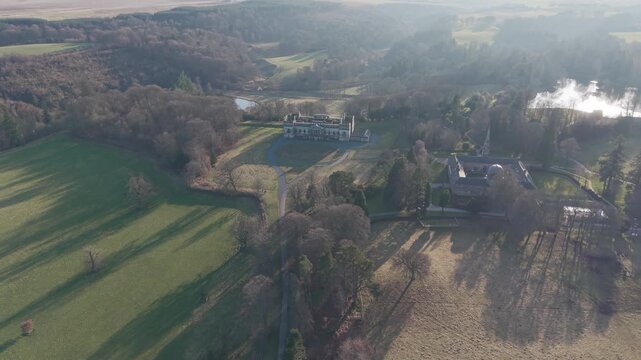 Aerial view of the ruins of Old Penicuik House in Midlothian, Scotland: A historic 18th-century Palladian mansion standing in a vast estate