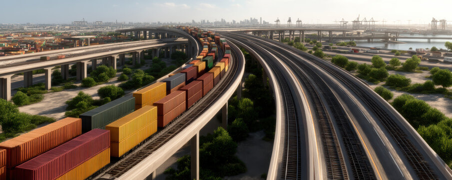 Elevated freight train carrying colorful shipping containers on multiple curved tracks in an industrial port area near a city skyline.