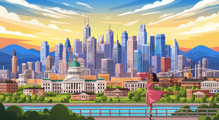 Vibrant Cityscape vector illustration with a dancer celebrating at sunrise, showcasing urban energy and majestic skyline, perfect for lifestyle and travel themes © Purnomo