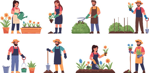 Gardening People Working with Plants, Flowers, and Tools in Outdoor Garden for Spring Planting and Gardening Activities Illustration © Hossain