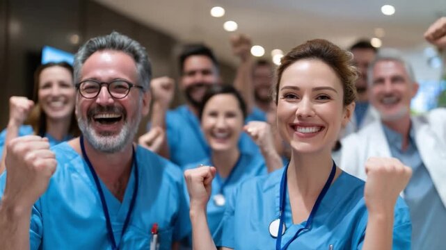Triumphant Medical Team: A cheerful medical team celebrates a success, their smiles and raised fists radiating optimism and unity in a bright setting.