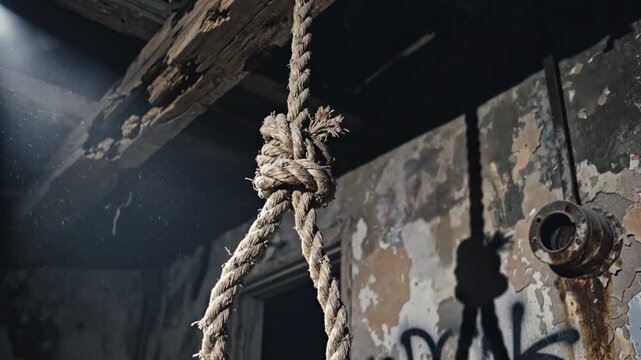 Creepy hanging noose with dramatic light beams in abandoned building
