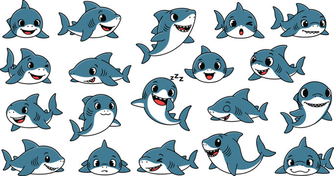 Set of cute baby shark cartoon characters in various poses