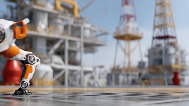 Robotic Companion at Industrial Site: A sleek, modern robot, engineered with precision, navigates a vast industrial site under the open sky, embodying progress and innovation.