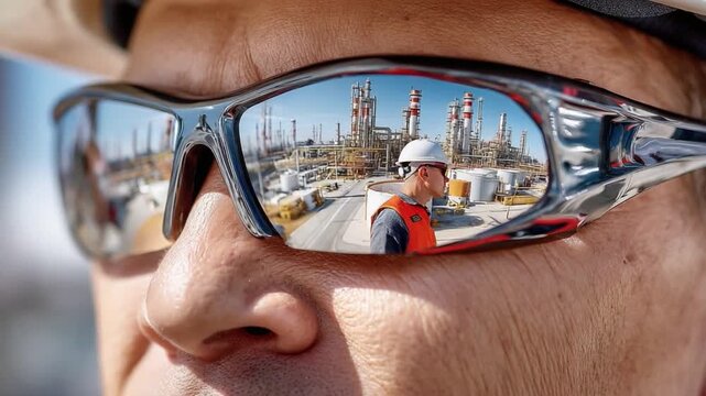 Vision of Industrial: An industrial worker gazes out, the image is mirrored in his safety glasses, reflecting an expansive factory. the scene of this industrial