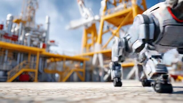 Mechanical Marvels: A technologically advanced mechanical canine strides confidently across the deck of an offshore oil platform, showcasing the fusion of innovation and industrial prowess.