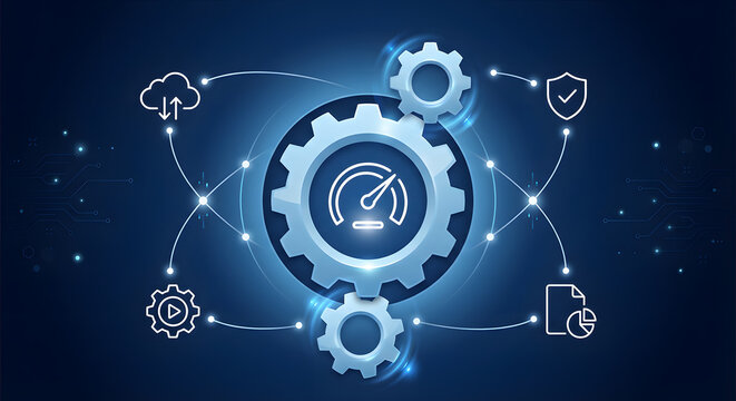 Business process optimization and automation concept with speedometer gear cloud security and analytics icons on blue technology background