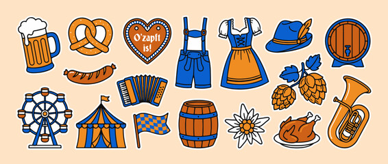 Fototapeta premium Oktoberfest Icons: A vibrant collection of classic Oktoberfest icons, inviting the spirit of Bavarian celebration with beer, pretzels, festive attire, and traditional elements.