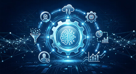 Artificial intelligence workflow automation concept with machine learning gear cloud analytics and data processing icons on futuristic blue digital network background