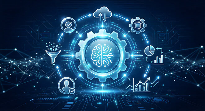 Artificial intelligence workflow automation concept with machine learning gear cloud analytics and data processing icons on futuristic blue digital network background