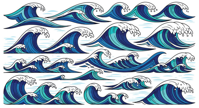 Stylized blue ocean waves and sea surf vector illustrations set