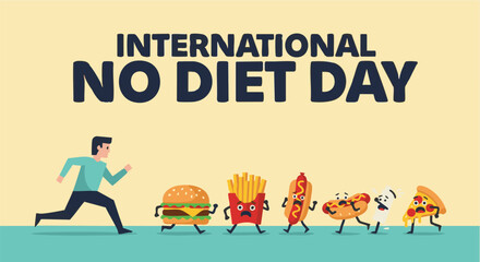 Man running from fast food in playful humorous illustration with bright vibrant colors for health and wellness campaign