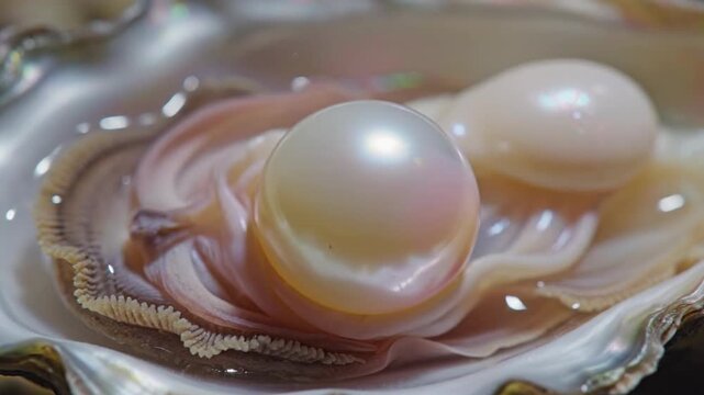 A luminous pearl matures within its oyster shell, showcasing iridescent beauty and natural luster