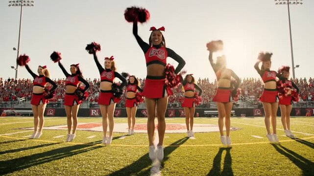 Energetic Cheerleaders Performing on Football Field at Sunset